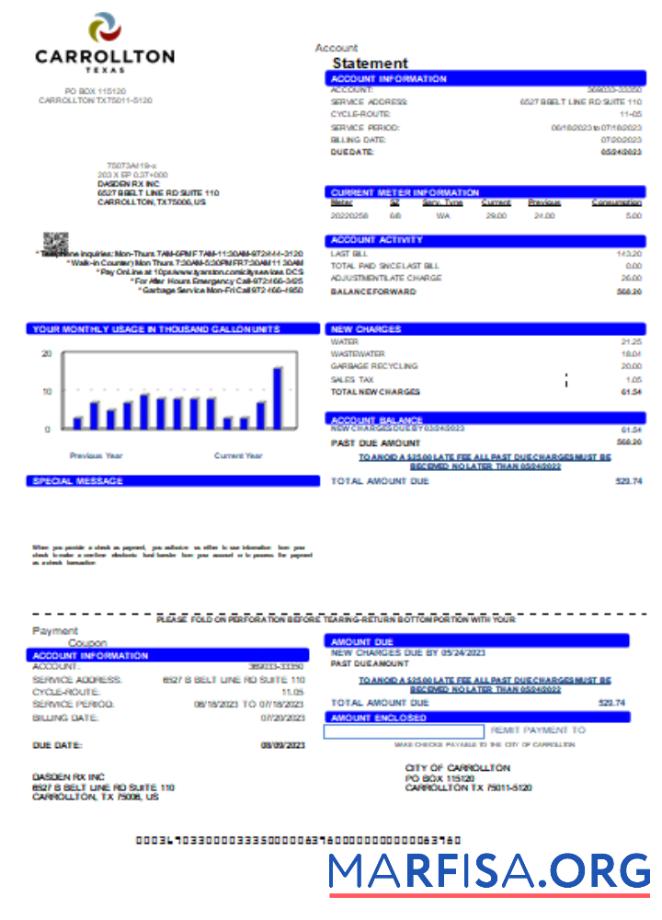Downloadable City of Carrollton utility business bill, SCR real example